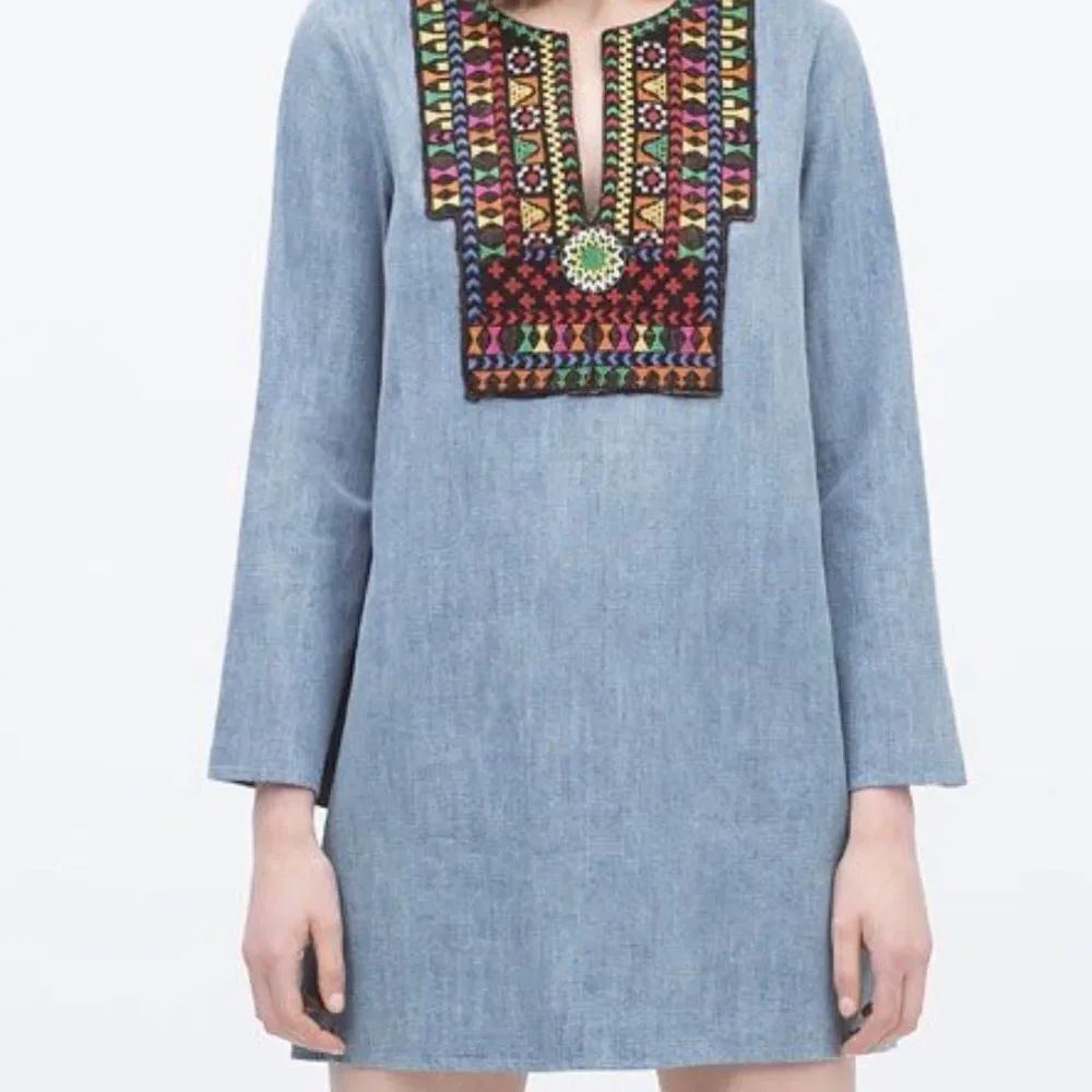 Zara bohemian embroidered denim mini dress M